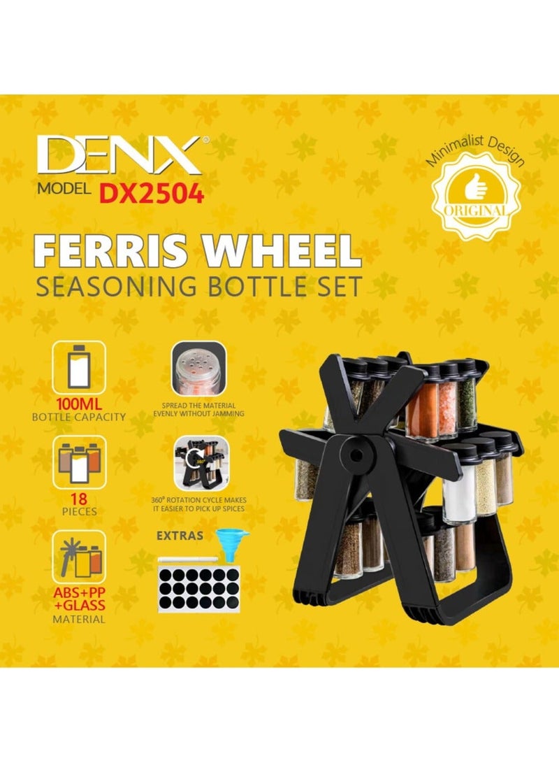 Denx Rotating spice rack organizer with 18 glass spice jars, spice jar set with 18 360 degree rotating spice jars, wheel-shaped spice bottle set - Image 3