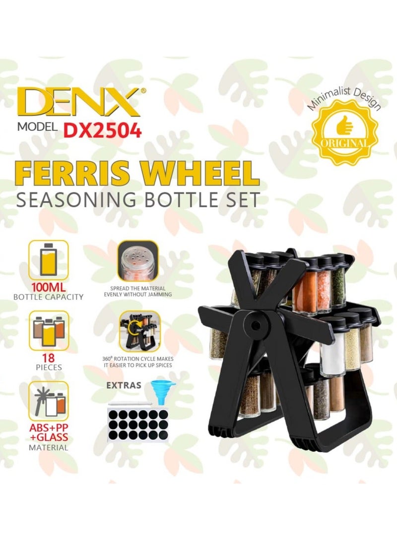 Denx Rotating spice rack organizer with 18 glass spice jars, spice jar set with 18 360 degree rotating spice jars, wheel-shaped spice bottle set - Image 2
