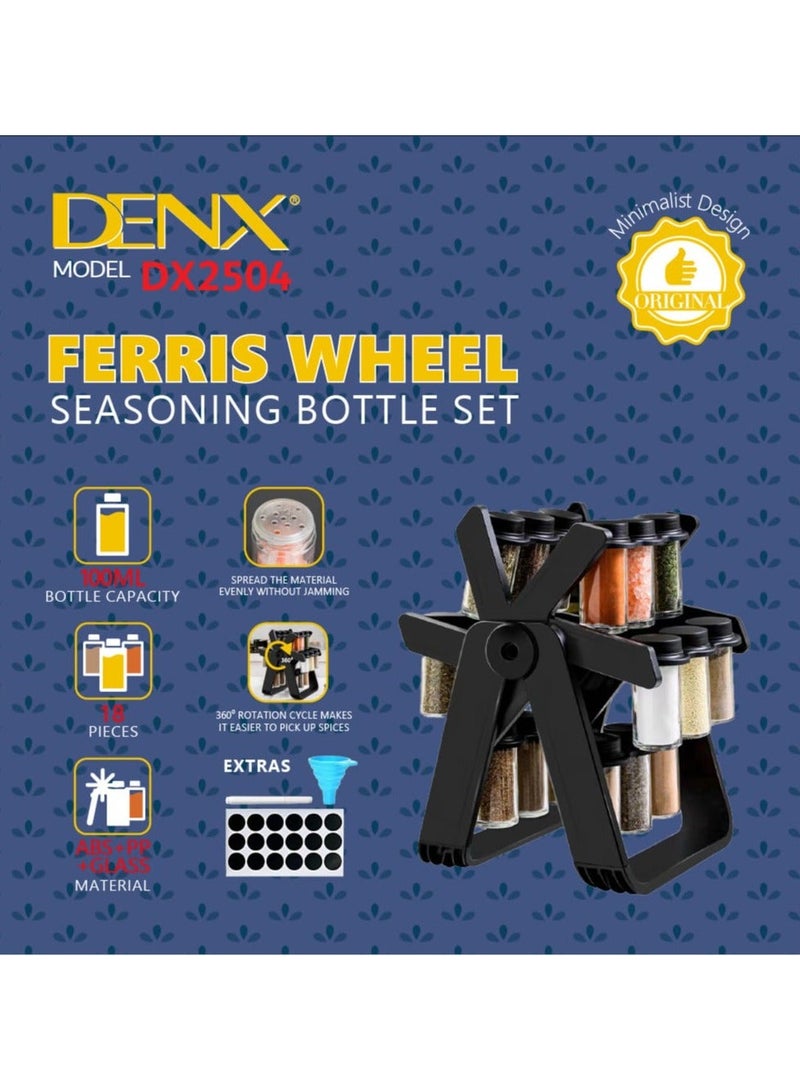 Denx Rotating spice rack organizer with 18 glass spice jars, spice jar set with 18 360 degree rotating spice jars, wheel-shaped spice bottle set - Image 1