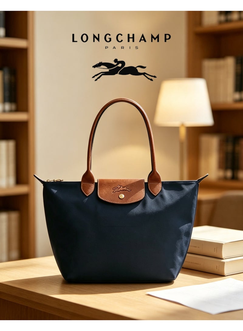 Longchamp Large Capacity Nylon Storage Carry Bag with Leather Trim, Zipper Multi-purpose Bag for Sports Gear Outdoor Play Toys Storage, Navy Blue - Image 1