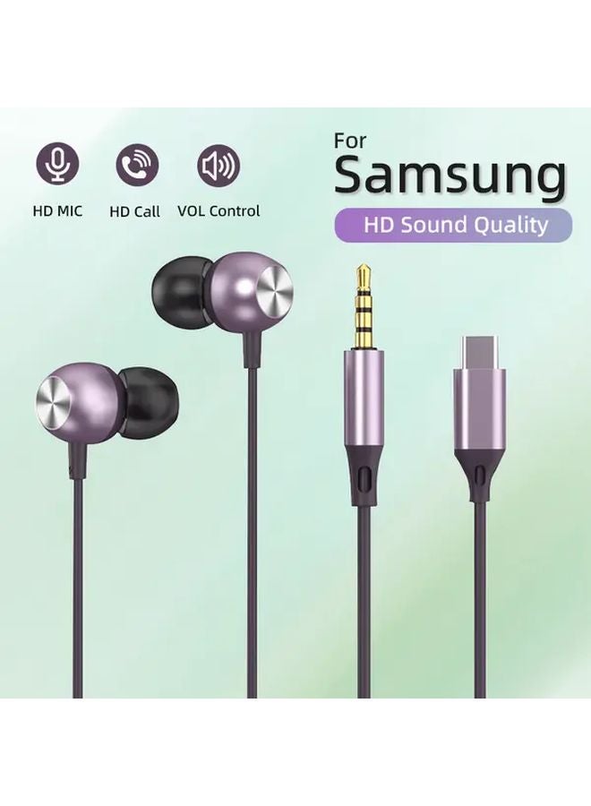 Purple Type C Wired Headphones With Microphone For Samsung Galaxy S24 S23 - Image 2