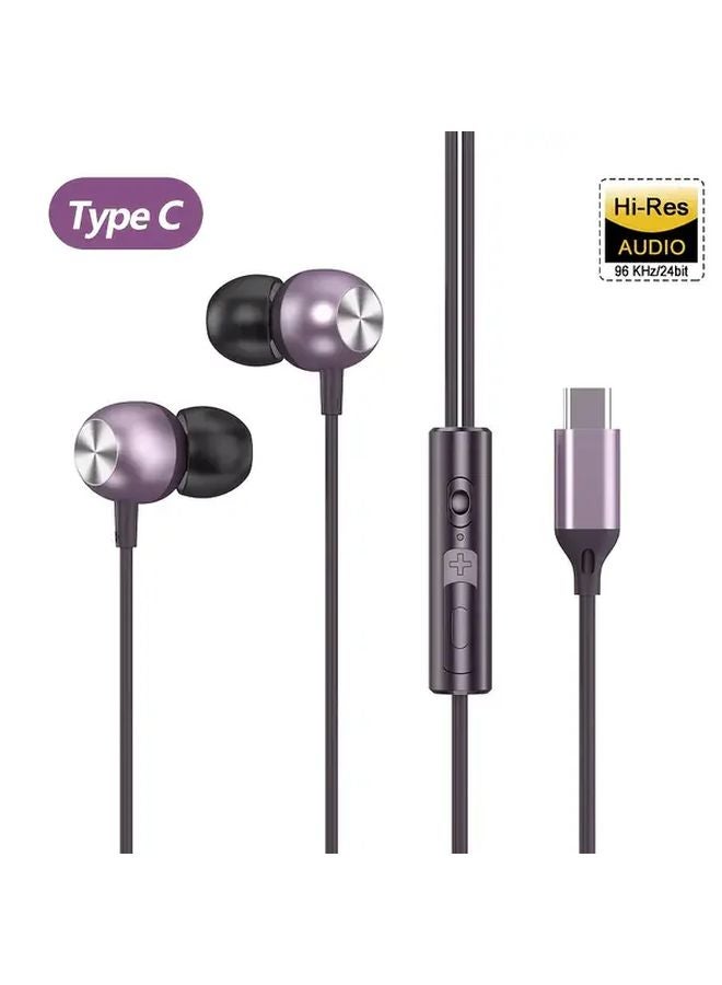 Purple Type C Wired Headphones With Microphone For Samsung Galaxy S24 S23 - Image 1