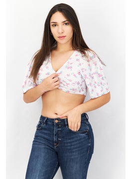 Women Plunging Neck Short Sleeves Floral Print Crop Top, White Combo