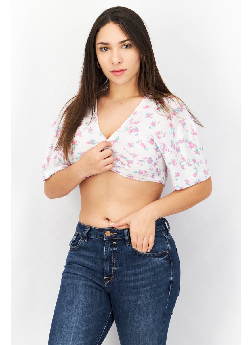 Asos Design - Women Plunging Neck Short Sleeves Floral Print Crop Top, White Combo - Image 1
