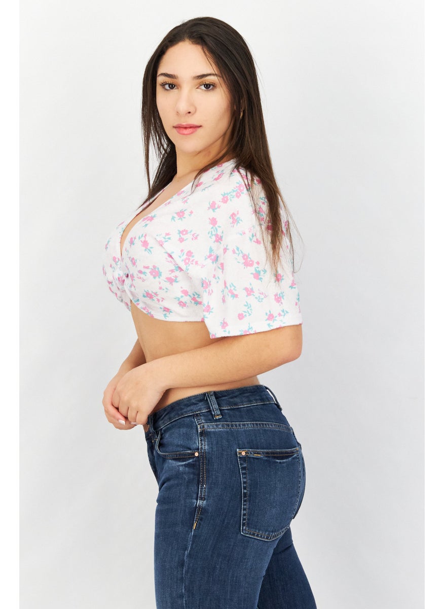 Asos Design - Women Plunging Neck Short Sleeves Floral Print Crop Top, White Combo - Image 1