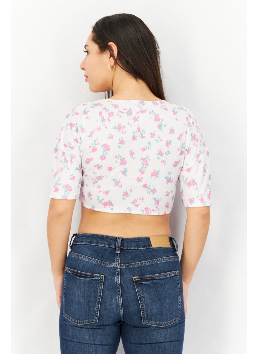 Asos Design - Women Plunging Neck Short Sleeves Floral Print Crop Top, White Combo - Image 1