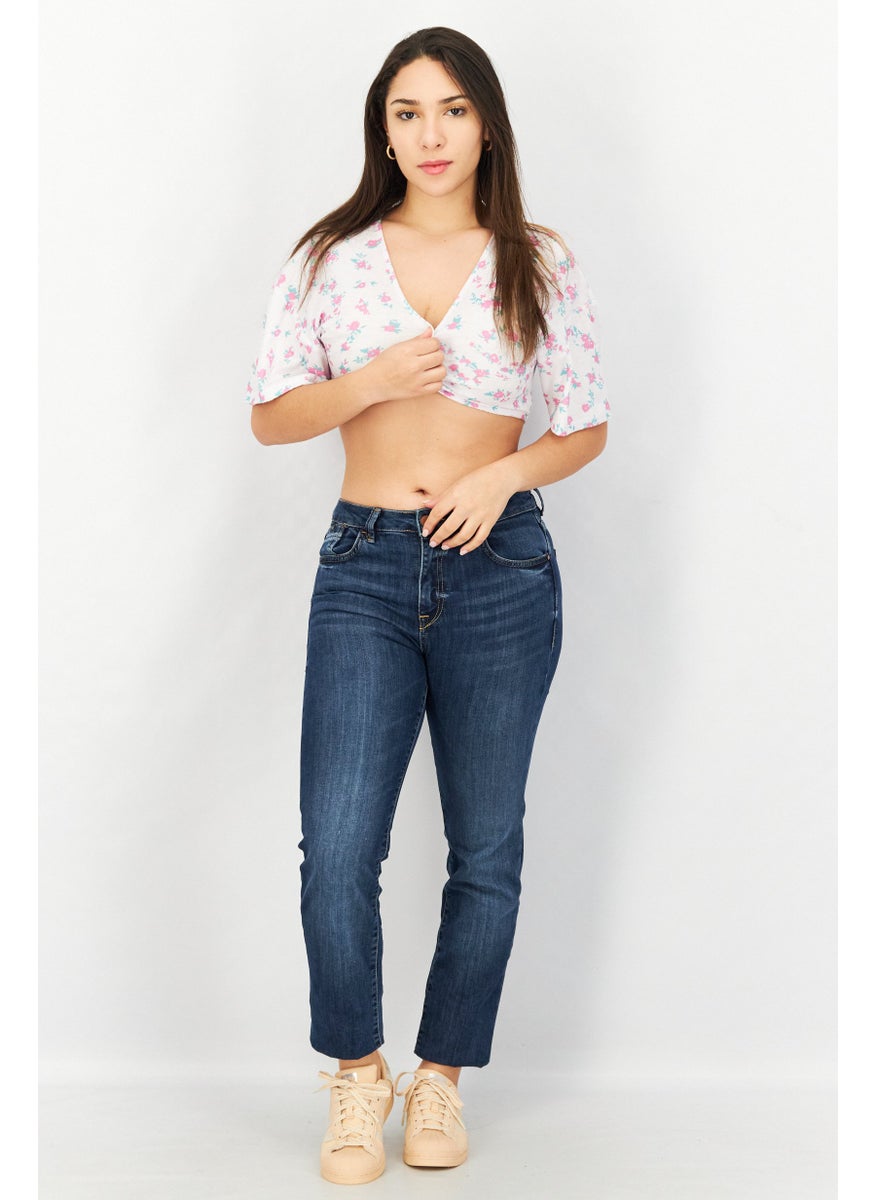 Asos Design - Women Plunging Neck Short Sleeves Floral Print Crop Top, White Combo - Image 1