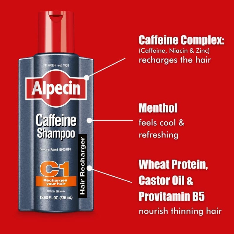 Alpecin C1 Caffeine Shampoo, 8.45 fl oz (Pack of 2) Men's Natural Hair Growth Shampoo for Thinning Hair with Niacin and Castor Oil - Image 1