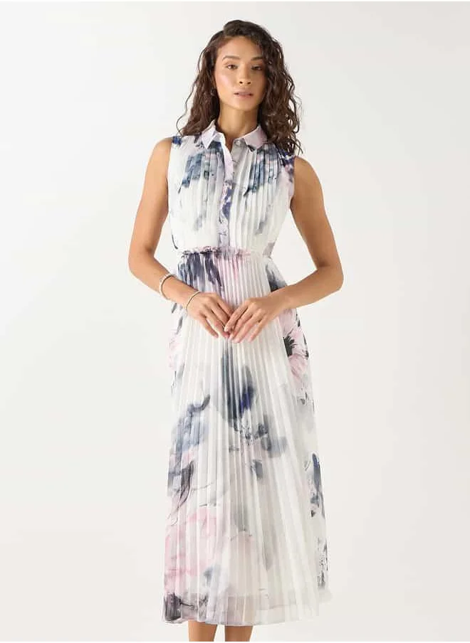 Iconic Iconic Printed Sleeveless Midi Dress with Collar and Pleated Detail