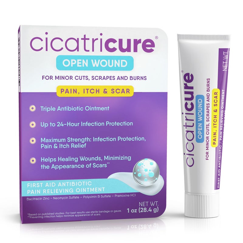 Cicatricure Open Wound Triple Antibiotic Ointment with Pain Relief, First Aid Antibacterial to prevent infection and relieve pain of minor cuts, burns and scrapes. Topical Antibacterial Ointment -1 oz - Image 1