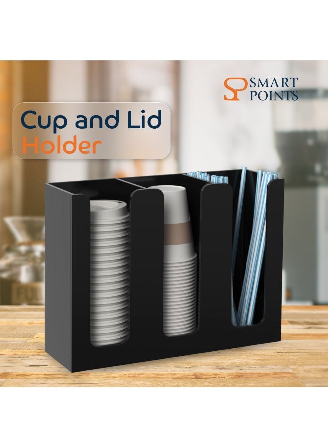 "سمارت بوينتس  " حامل أكواب و أغطية من الأكريليك – منظم أكواب القهوة بثلاثة أقسام للاستخدام على الطاولة أو التثبيت على الحائط – أسود، مناسب للأكواب البلاستيكية والأغطية والشفاطات، مقاس ‎12.2 × 4.13 × 9.45 بوصة - Image 2