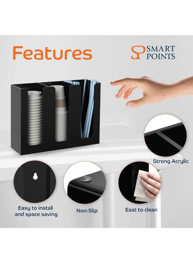 "سمارت بوينتس  " حامل أكواب و أغطية من الأكريليك – منظم أكواب القهوة بثلاثة أقسام للاستخدام على الطاولة أو التثبيت على الحائط – أسود، مناسب للأكواب البلاستيكية والأغطية والشفاطات، مقاس ‎12.2 × 4.13 × 9.45 بوصة - Image 5