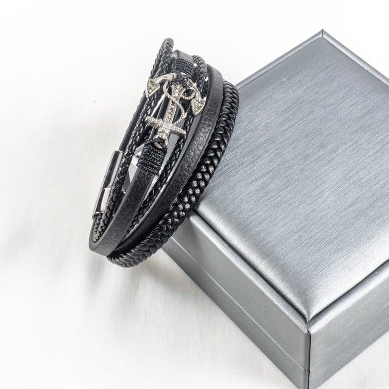 أسورة أستانليس ستيل فضي × جلد أسود رجالي شكل مرساة سفينة - Image 2