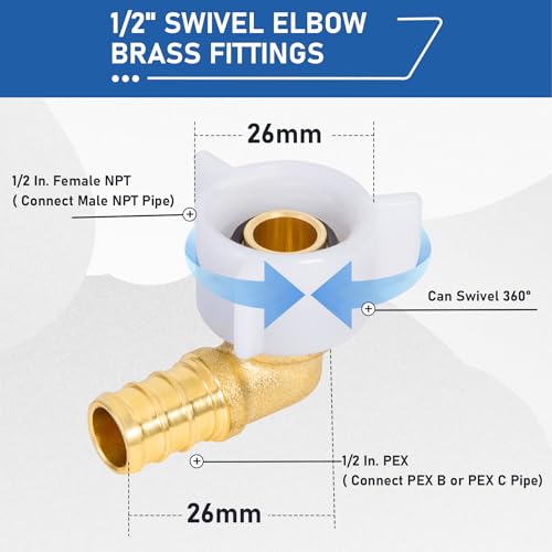 Breezliy PEX 1/2" x 1/2" NPT Female Threaded Swivel Elbow NPSM Brass Crimp Fittings, Pex Fittings 1/2 inch 90 Degree Swivel Female Adapter For RV Pex Faucet Connector(6PCS 1/2" Elbow) - Image 3