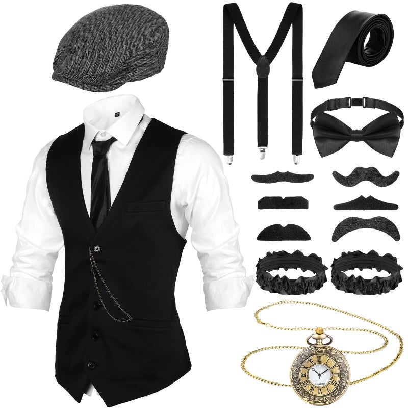 Foaincore 1920s Mens Costume Accessories Set Roaring 20s Costume Vest Vintage Pocket Watch Pre Tied Bow TieXLargeBlack - Image 2