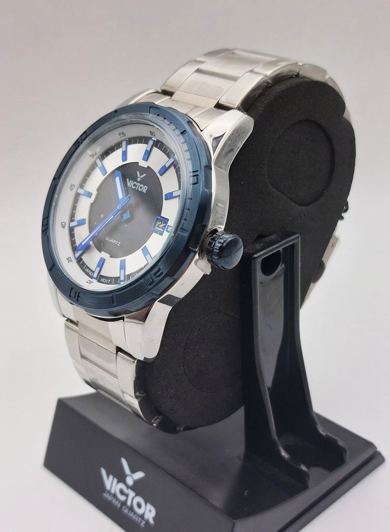 Victor ساعة يد رجالية أنالوج كوارتز بسوار من الفولاذ المقاوم للصدأ الفضي - Image 3
