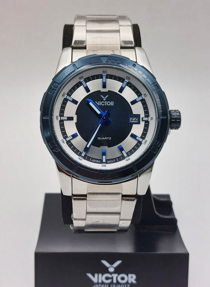Victor ساعة يد رجالية أنالوج كوارتز بسوار من الفولاذ المقاوم للصدأ الفضي - Image 2
