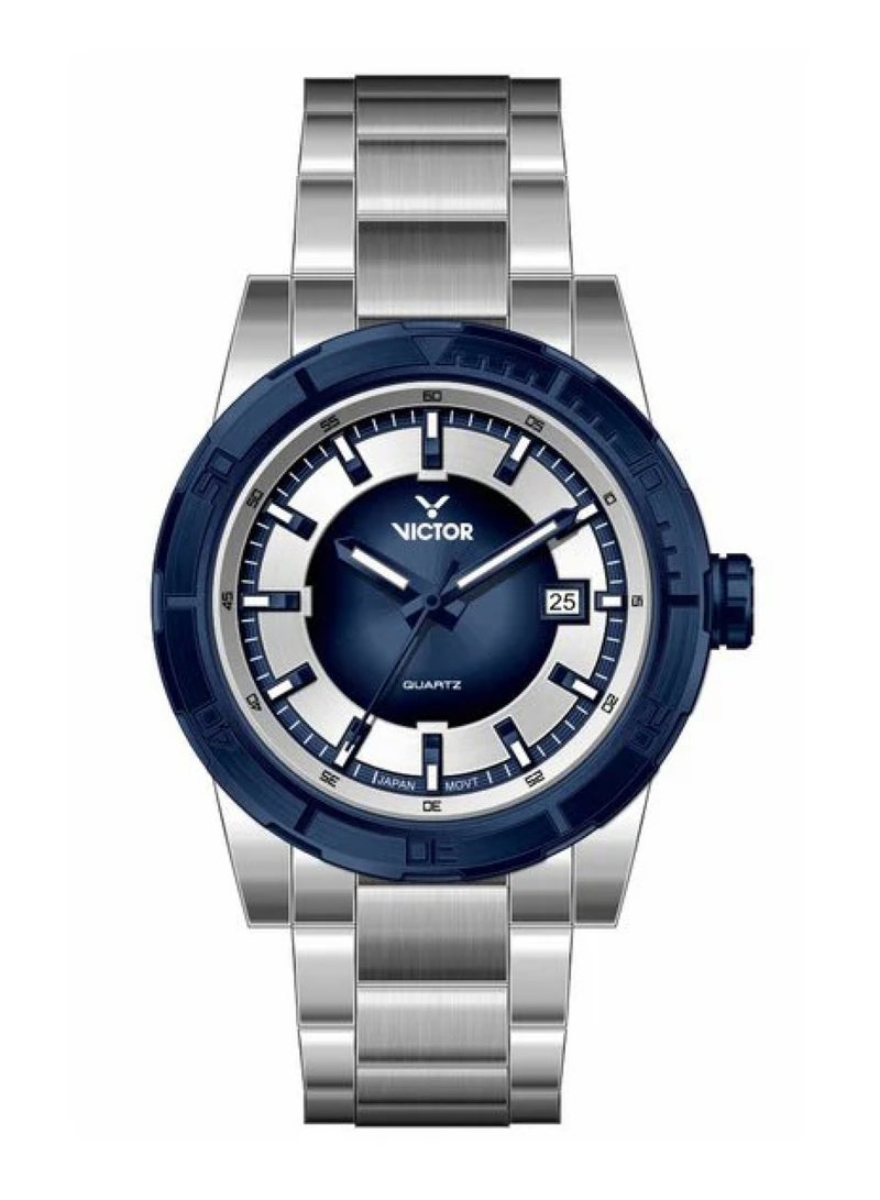 Victor ساعة يد رجالية أنالوج كوارتز بسوار من الفولاذ المقاوم للصدأ الفضي - Image 1