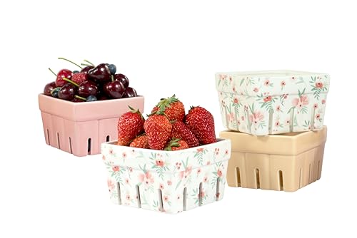 AELS AELS Ceramic Berry Basket Farmhouse Fruit Bowl Container for Fruit  Vegetables Farmers Market Pink Floral Pattern Kitchen Decor Stoneware Harvest Bowls Set of 4