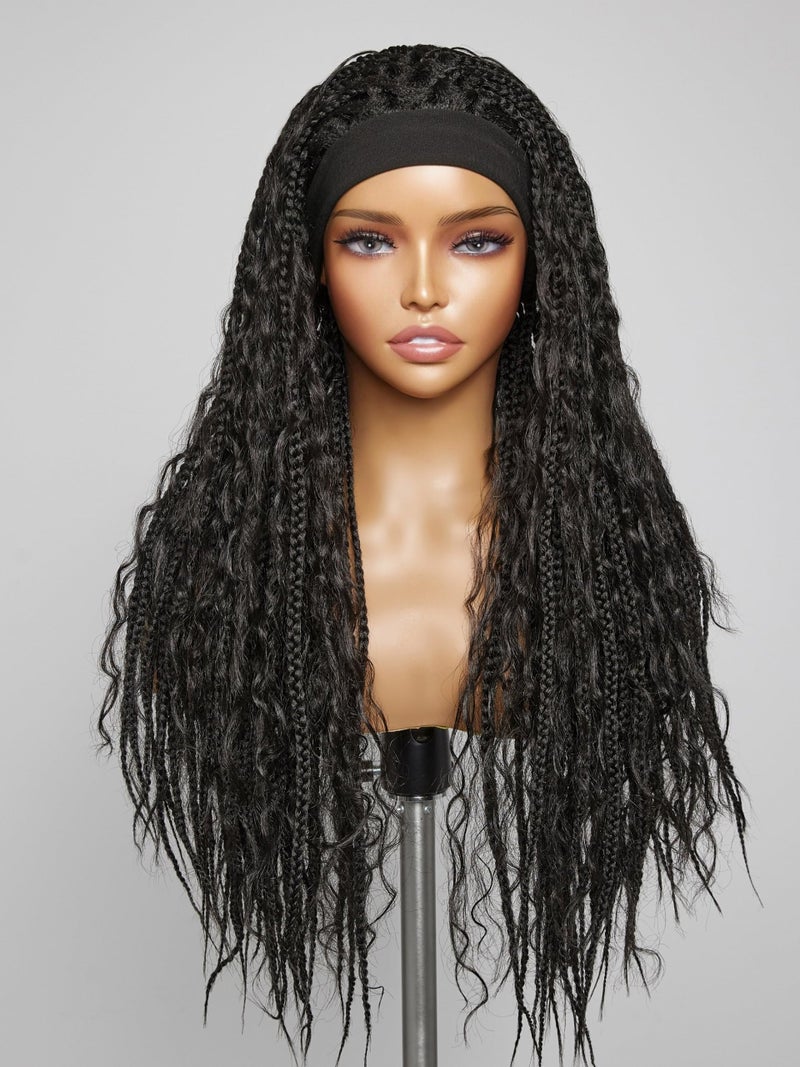 GORGIUS Goddess Braided Headband Wig with Curly Hair Black Synthetic Box Braid Wig with Head Band Attached Knotless Ready to Go Glueless Braiding Hair Wig For Women - Image 1