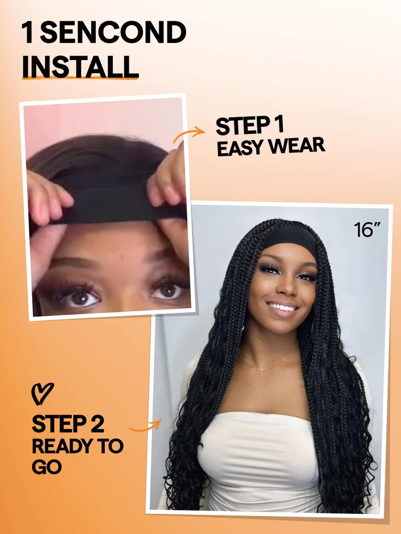 GORGIUS Goddess Braided Headband Wig with Curly Hair Black Synthetic Box Braid Wig with Head Band Attached Knotless Ready to Go Glueless Braiding Hair Wig For Women - Image 5