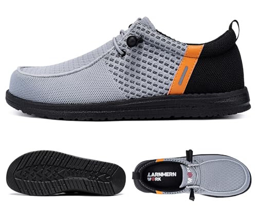 LARNMERN Slip On Steel Toe Shoes Men Lightweight Comfortable Lounging Walking Sneakers Safety Work Steel Toe Loafers (8.5 Men, Grey Orange) - Image 2