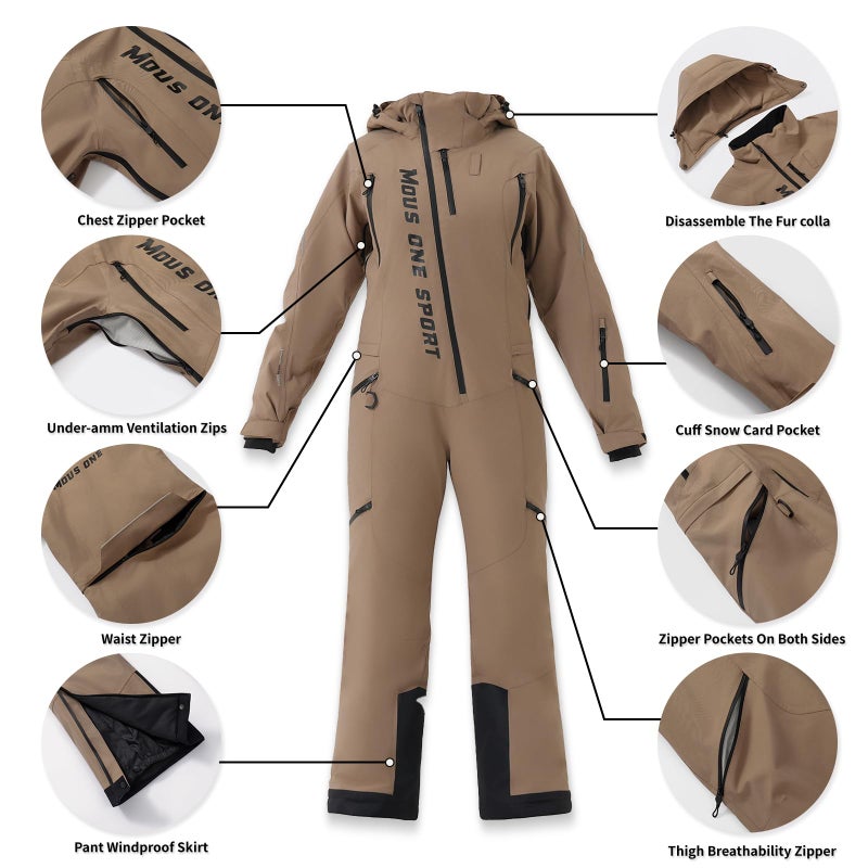 MOUS ONE Women One Pieces Ski Suits Waterproof Warm Insulated Ski Jumpsuit Removable Hood Snowsuit for Snow Sport(Khaki, Medium) - Image 5