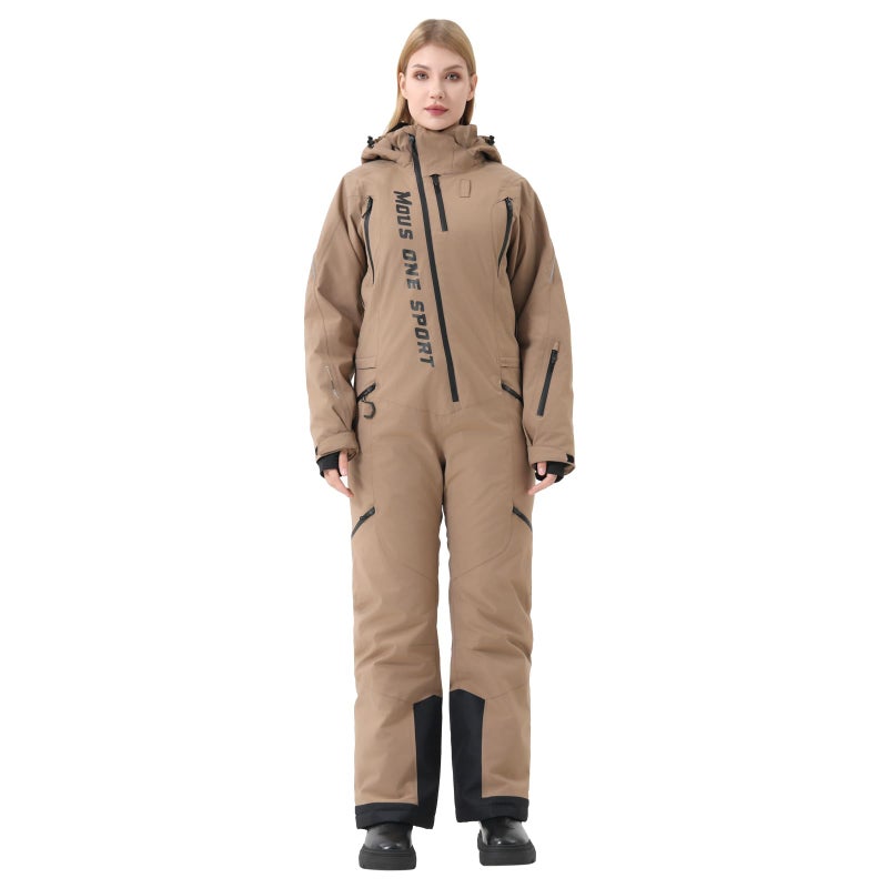 MOUS ONE Women One Pieces Ski Suits Waterproof Warm Insulated Ski Jumpsuit Removable Hood Snowsuit for Snow Sport(Khaki, Medium) - Image 1