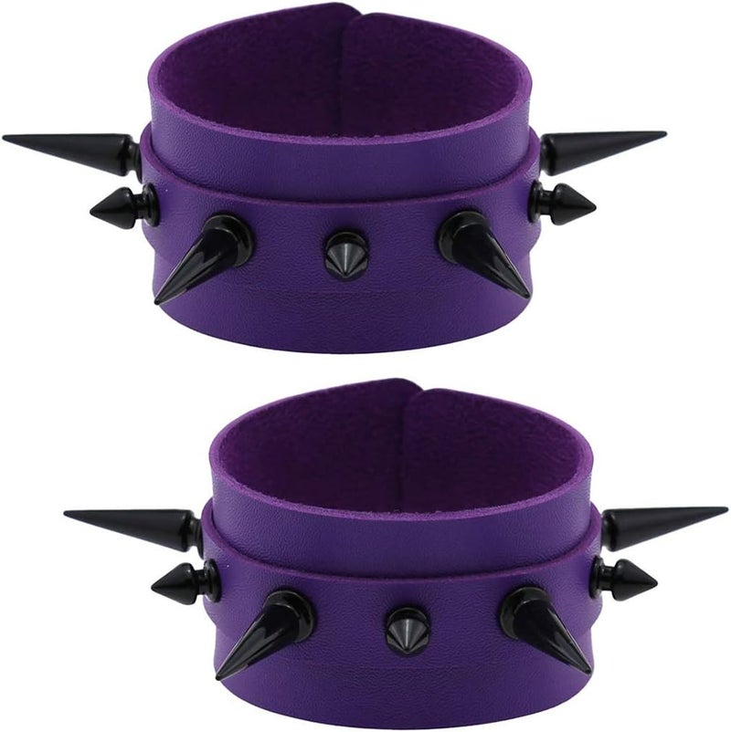 FM FM42 Women Multicolor PU Simulated Leather Black-tone Long and Short Rivets Spike Spiked 4cm(1.57") Wide Punk Gothic Adjustable Bracelet, Pack of 2 - Image 1