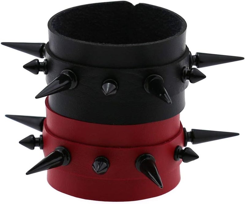 FM FM42 Women Multicolor PU Simulated Leather Black-tone Long and Short Rivets Spike Spiked 4cm(1.57") Wide Punk Gothic Adjustable Bracelet, Pack of 2 - Image 3