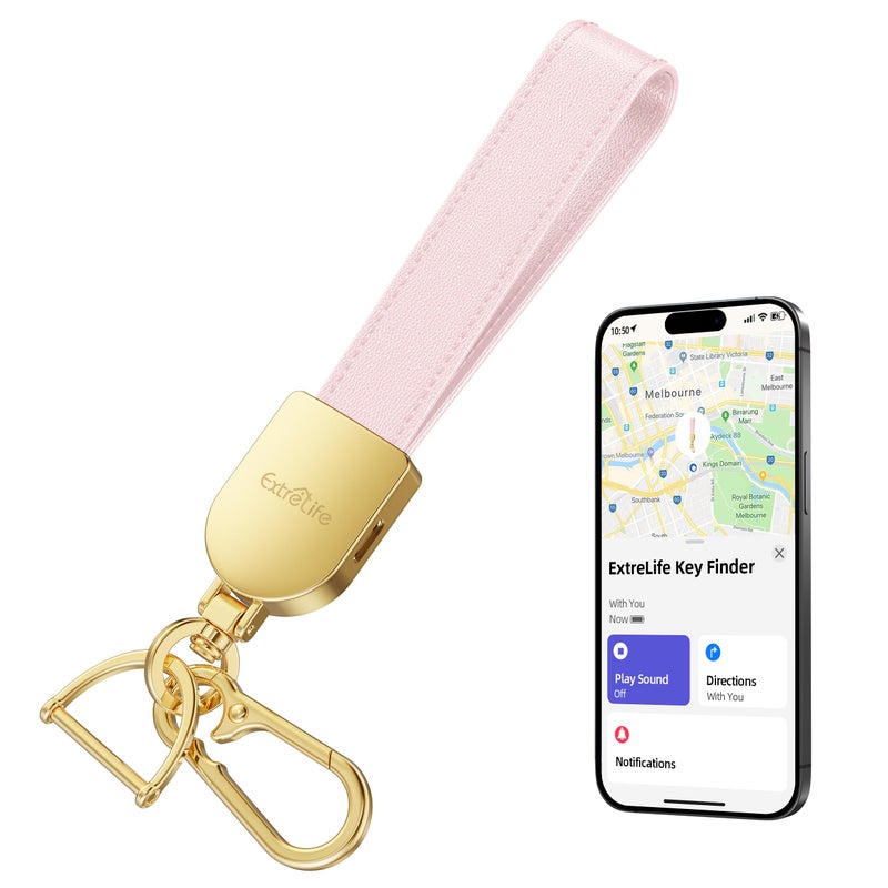 ExtreLife Keychain, Works with Apple Find My, Leather Car Keychain for Women and Men, Car Key Fob Holder, Key Chain with GPS Tracker, Anti-Lost Smart Keys Finder, Rechargeable, Pink - Image 1
