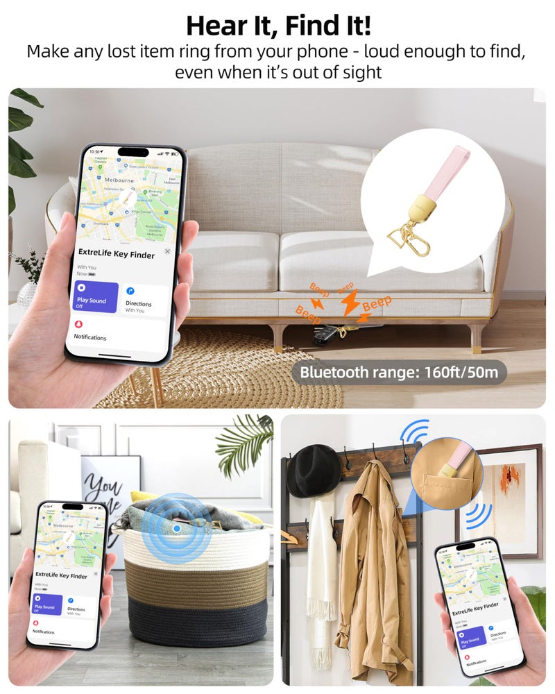 ExtreLife Keychain, Works with Apple Find My, Leather Car Keychain for Women and Men, Car Key Fob Holder, Key Chain with GPS Tracker, Anti-Lost Smart Keys Finder, Rechargeable, Pink - Image 3