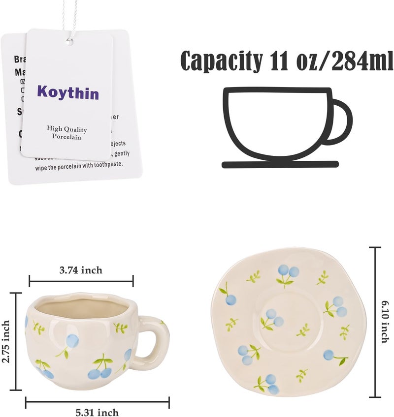 Koythin Ceramic Coffee Mug with Saucer Set, Cute Creative Fresh Fruit Cup Unique Irregular Design for Office and Home, 10 oz/300 ml for Latte Tea Milk - Image 2