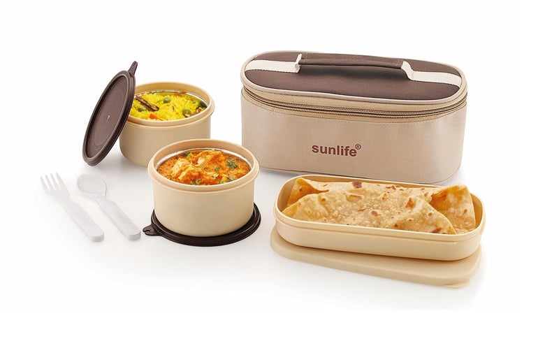 sunlife - Micro Fresh 2+1 Stainless Steel Lunch Box (Small Size) - with Travel Bag, 2 Stainless Steel Containers (250ml Each), 1 Plastic Rice Box, Spoon & Fork - Leakproof (Brown-Beige) - Image 1