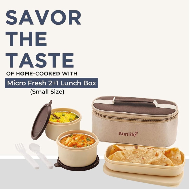 sunlife - Micro Fresh 2+1 Stainless Steel Lunch Box (Small Size) - with Travel Bag, 2 Stainless Steel Containers (250ml Each), 1 Plastic Rice Box, Spoon & Fork - Leakproof (Brown-Beige) - Image 3
