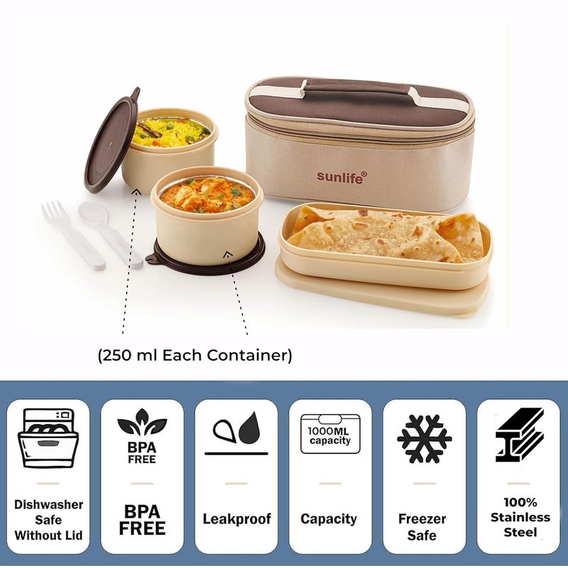 sunlife - Micro Fresh 2+1 Stainless Steel Lunch Box (Small Size) - with Travel Bag, 2 Stainless Steel Containers (250ml Each), 1 Plastic Rice Box, Spoon & Fork - Leakproof (Brown-Beige) - Image 2