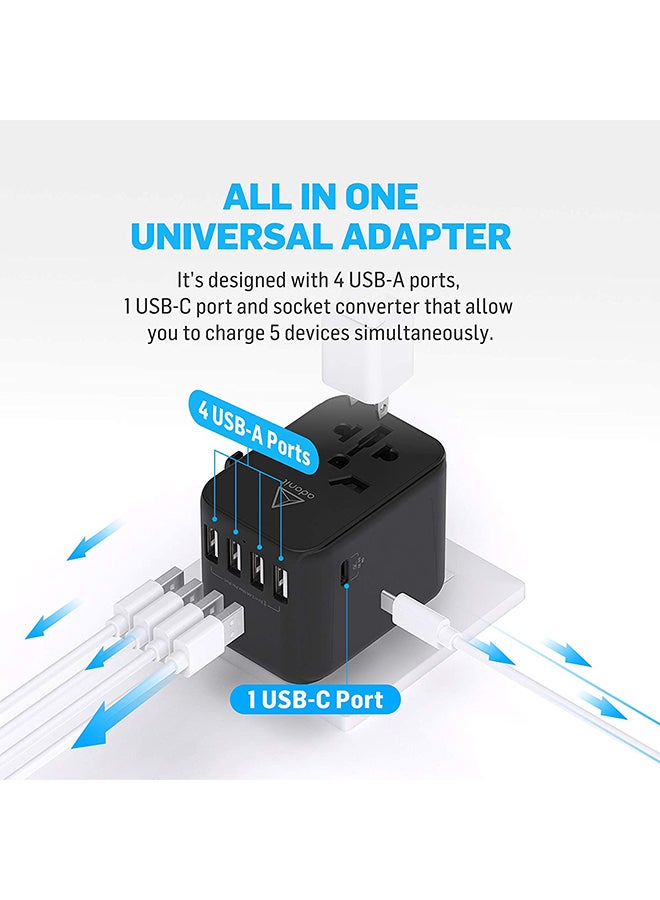 ADONIT Universal Travel Adapter 4A1C - International Wall Charger PD 30 W (4 USB-A + 1 USB-C) Black - Image 3