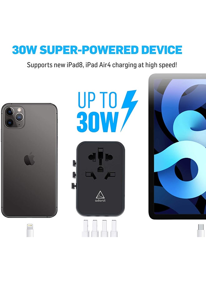 ADONIT Universal Travel Adapter 4A1C - International Wall Charger PD 30 W (4 USB-A + 1 USB-C) Black - Image 4