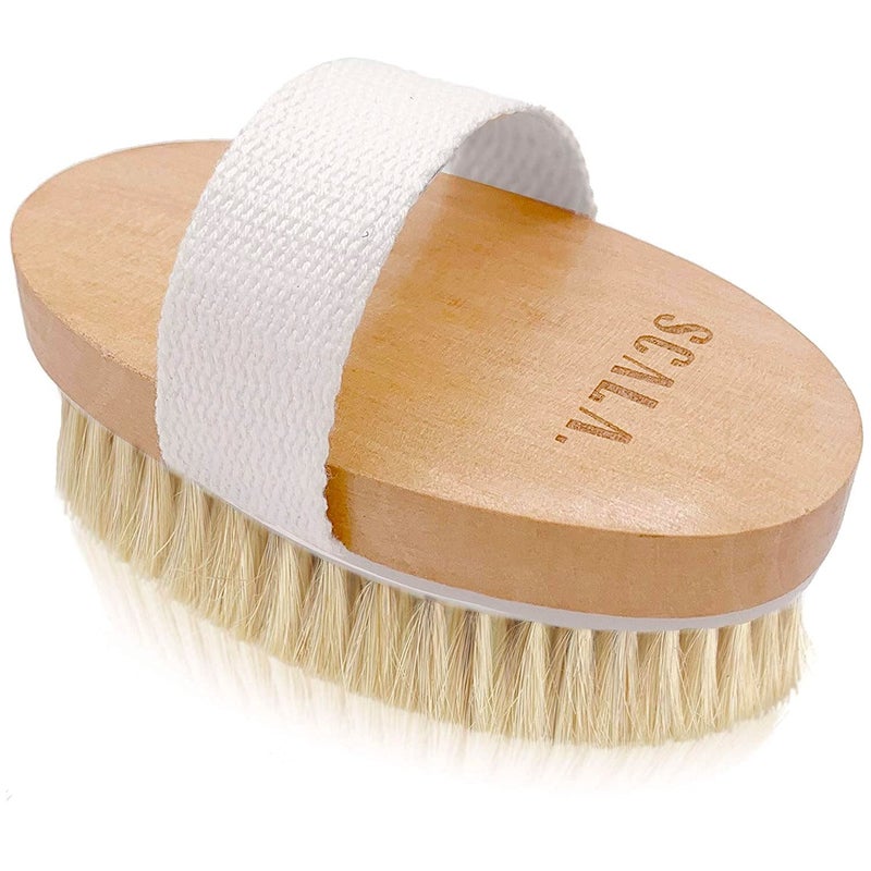 Scala Dry Brushing Body Brush SCALA Natural Bristle Body Brush, Soft Body Exfoliating Brush Scrub for Dead Skin, Cellulite, Lymphatic Drainage, Blood Flow â€“ Thicker & Stronger Medium Strength - Image 1