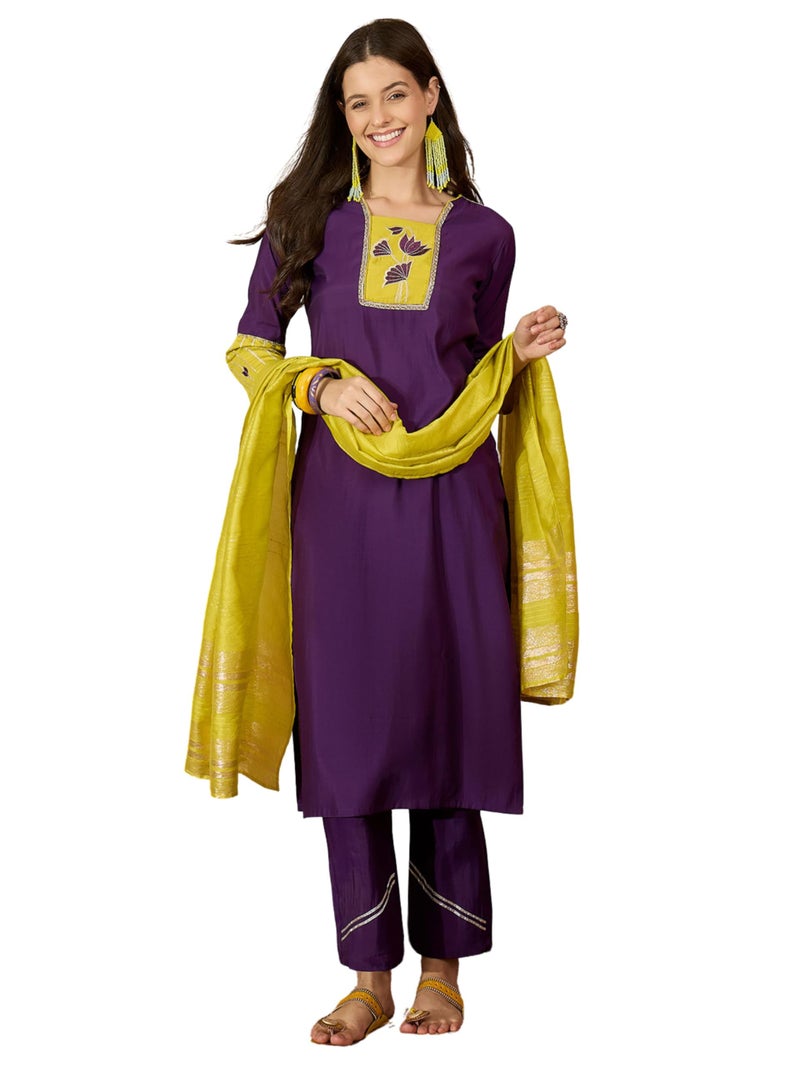 EthnicJunction Women's Silk Blend Embroidered Straight Kurta Pant with Dupatta Set Purple - Image 1