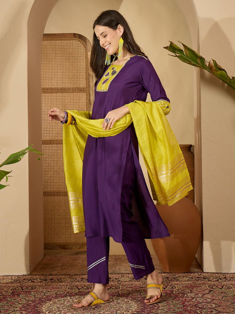 EthnicJunction Women's Silk Blend Embroidered Straight Kurta Pant with Dupatta Set Purple - Image 3