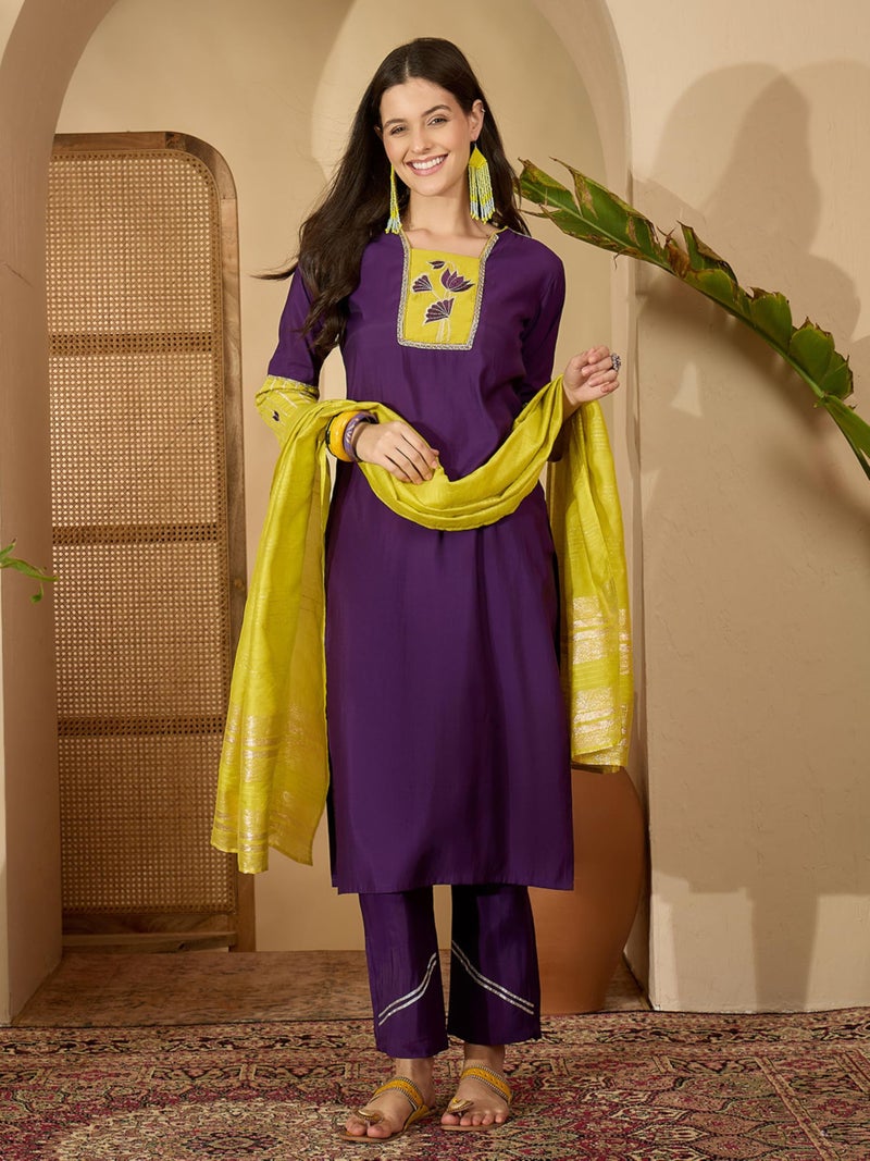 EthnicJunction Women's Silk Blend Embroidered Straight Kurta Pant with Dupatta Set Purple - Image 4