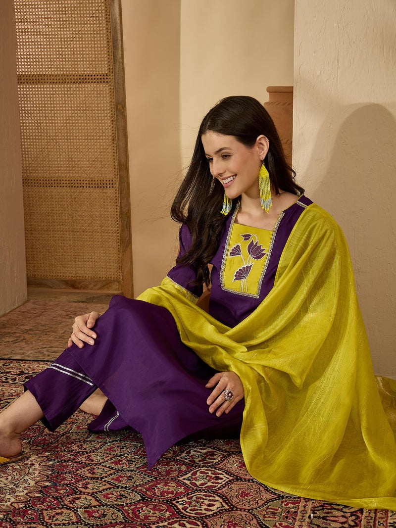 EthnicJunction Women's Silk Blend Embroidered Straight Kurta Pant with Dupatta Set Purple - Image 2