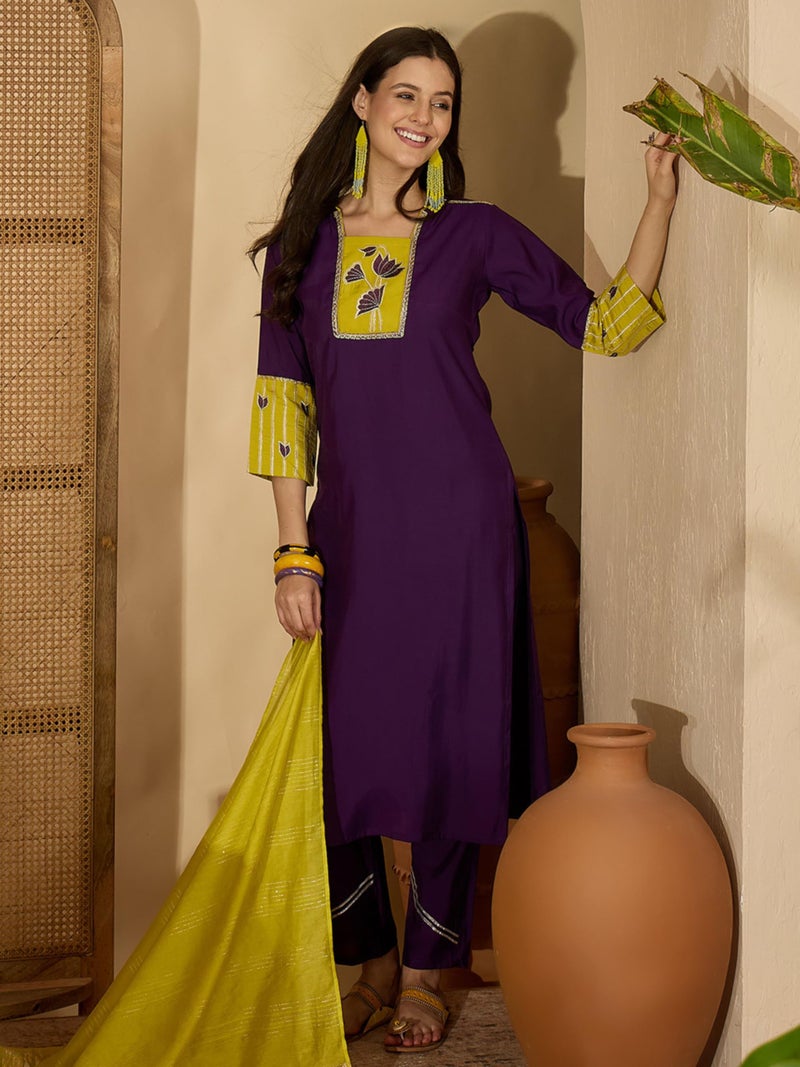 EthnicJunction Women's Silk Blend Embroidered Straight Kurta Pant with Dupatta Set Purple - Image 5
