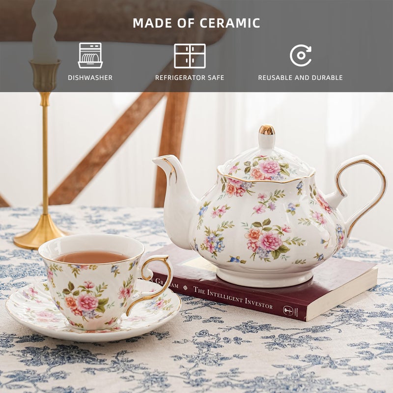 Agyiuns Flower Ceramic Teapot,22oz Porcelain Tea pot for Tea Coffee Milk for Office Home Men Women as Gift(White and small flowers) - Image 3
