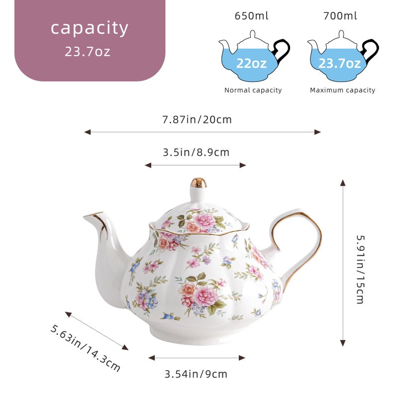 Agyiuns Flower Ceramic Teapot,22oz Porcelain Tea pot for Tea Coffee Milk for Office Home Men Women as Gift(White and small flowers) - Image 2