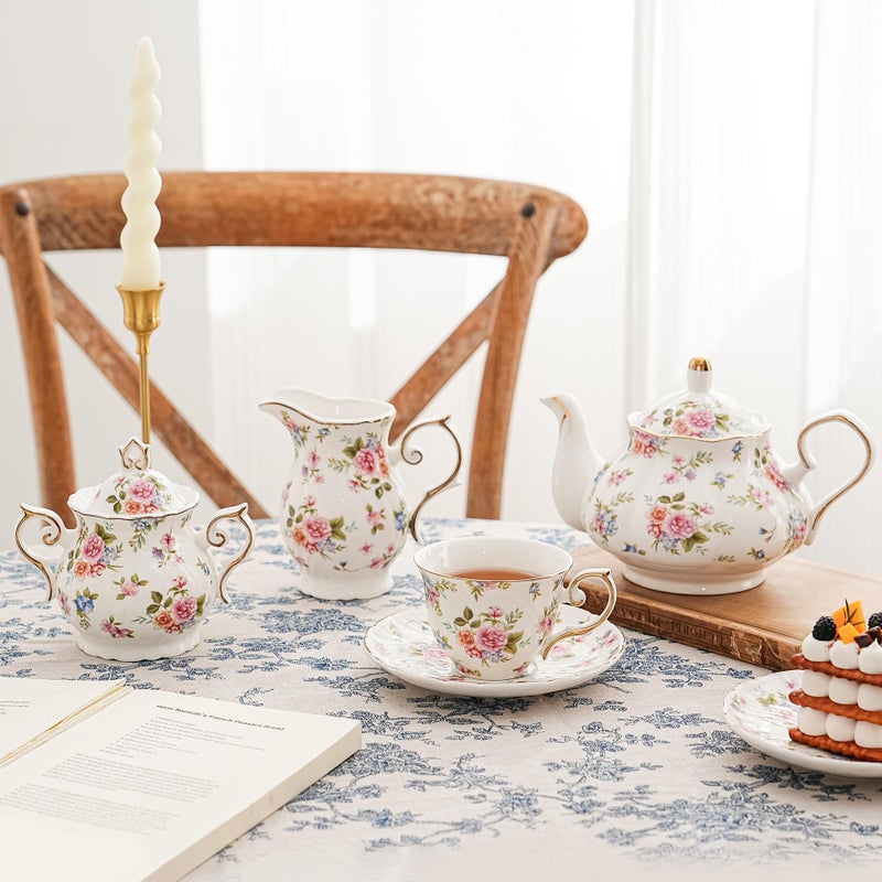 Agyiuns Flower Ceramic Teapot,22oz Porcelain Tea pot for Tea Coffee Milk for Office Home Men Women as Gift(White and small flowers) - Image 5