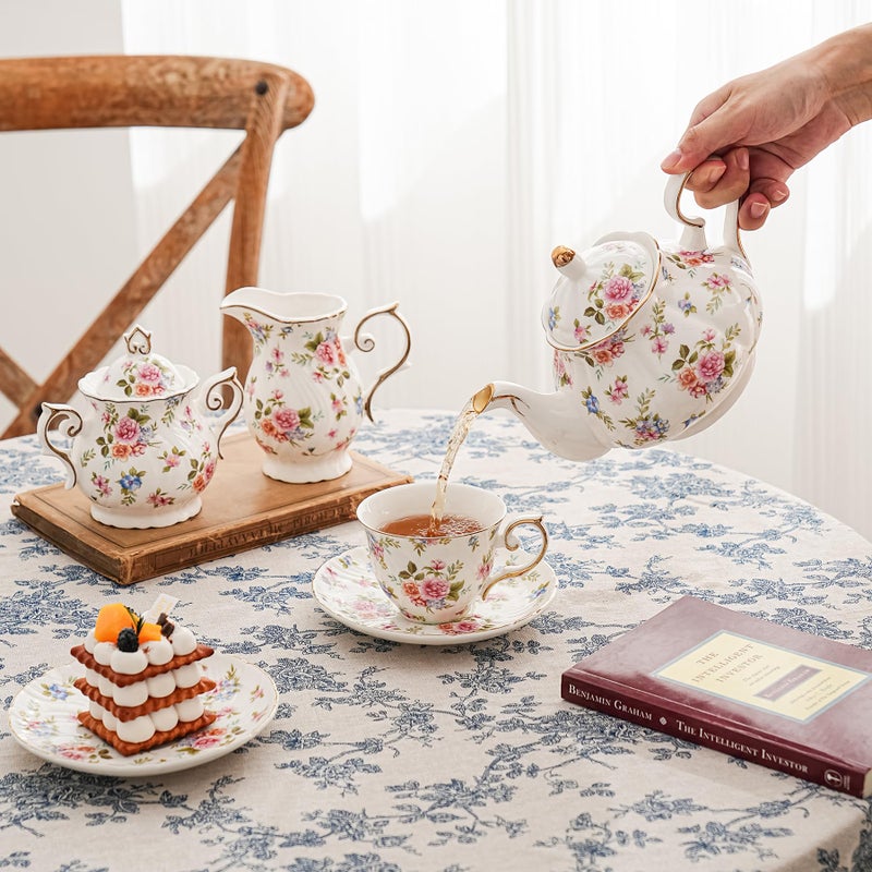 Agyiuns Flower Ceramic Teapot,22oz Porcelain Tea pot for Tea Coffee Milk for Office Home Men Women as Gift(White and small flowers) - Image 4