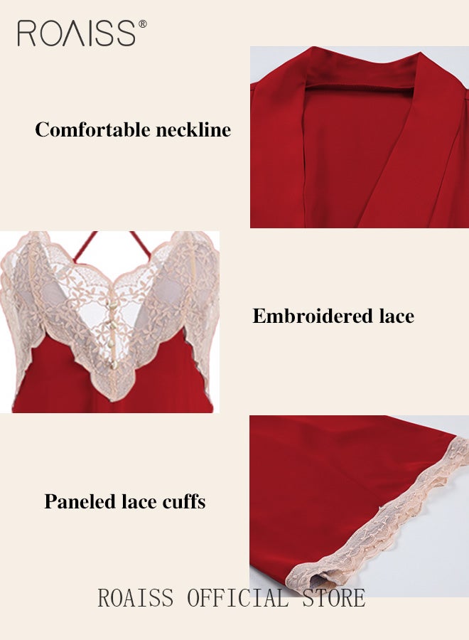 roaiss 2-Piece Set of Women Pajamas with V-Neck Design Women Home Wear Set Same Color Outer Robe and Lace Element Nightgown  - Image 2