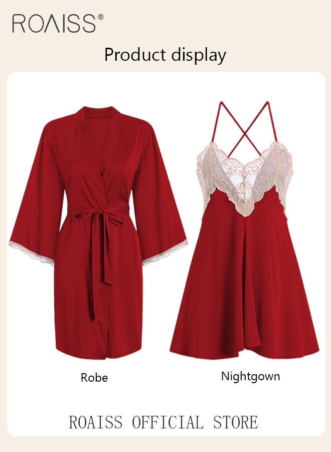 roaiss 2-Piece Set of Women Pajamas with V-Neck Design Women Home Wear Set Same Color Outer Robe and Lace Element Nightgown  - Image 1